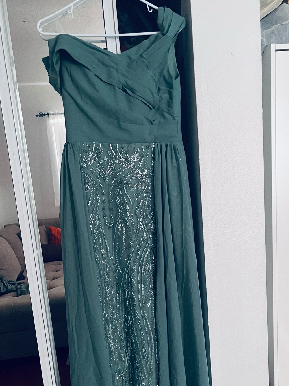 Azazie Teal One-Shoulder Gown with Beaded Front Panel